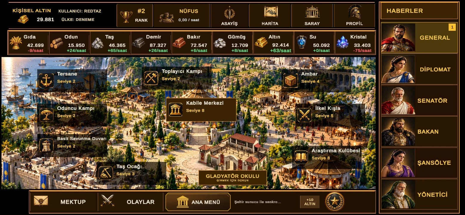 Throneria şehir yönetimi ekranı